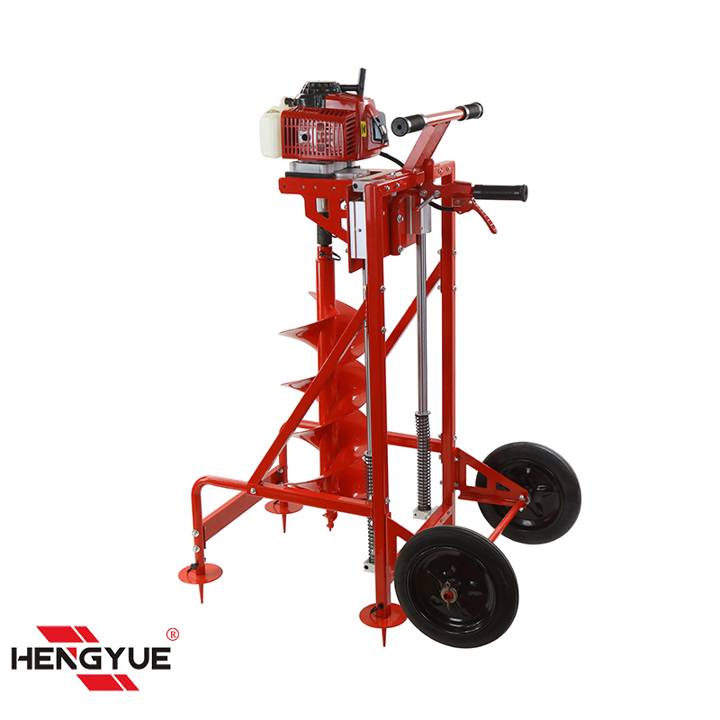 Earth auger machine with wheel and shelf