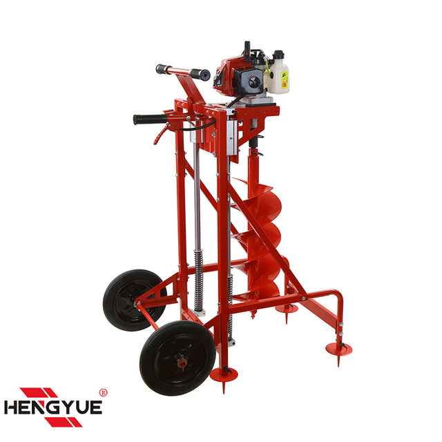 Earth auger machine with wheel and shelf